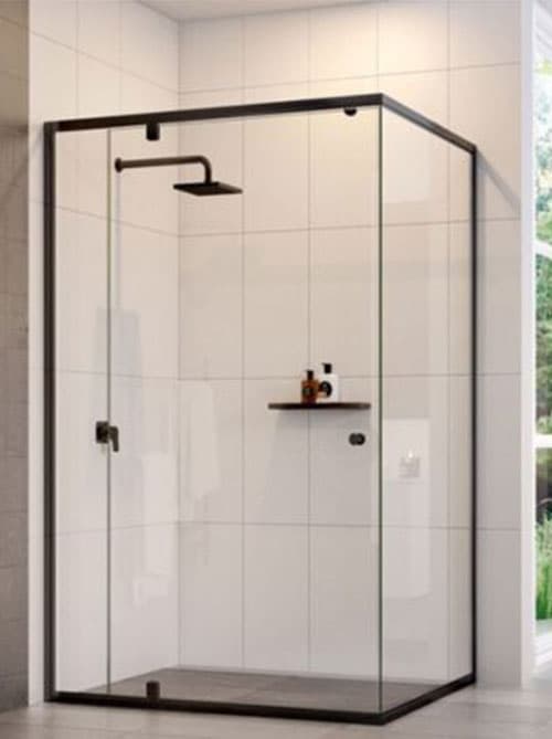 Modern semi-frameless shower screen with matte black frame and rain shower head.