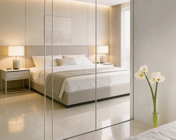 Frameless mirror sliding wardrobe doors in a built-in robe