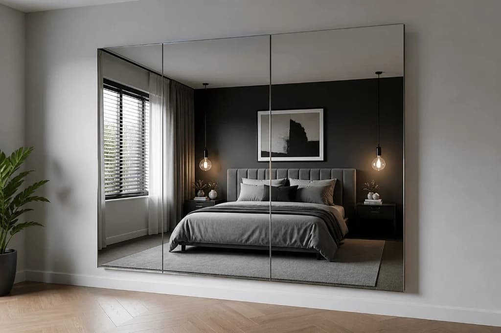 Made-to-measure three-panel floating mirror reflecting a modern bedroom