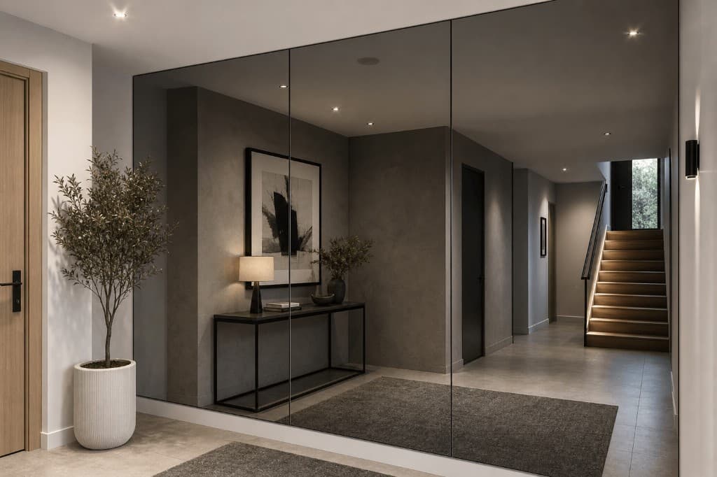 Large custom tinted floating mirror wall in a Melbourne hallway