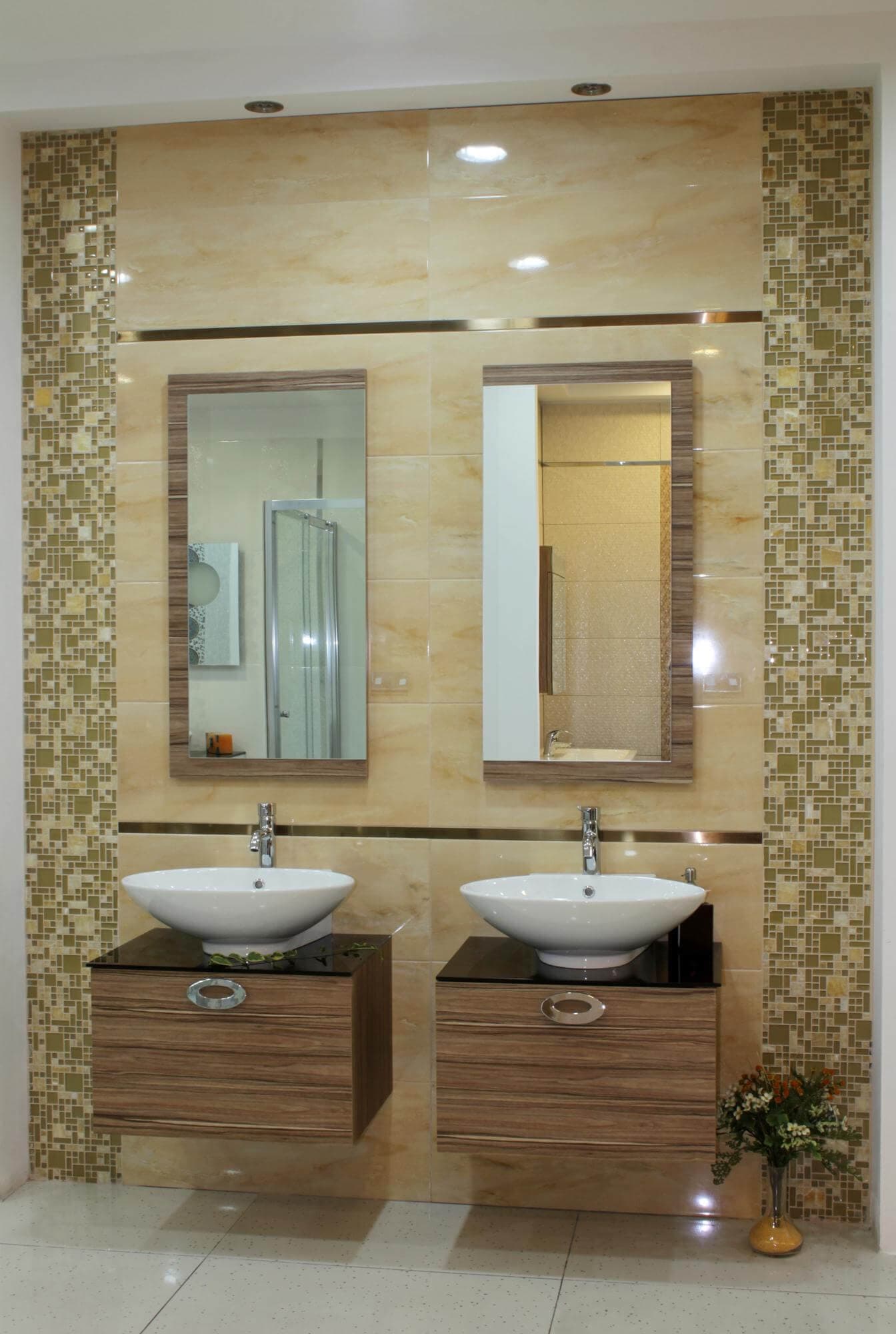 Custom wall mirror reflecting a bright interior